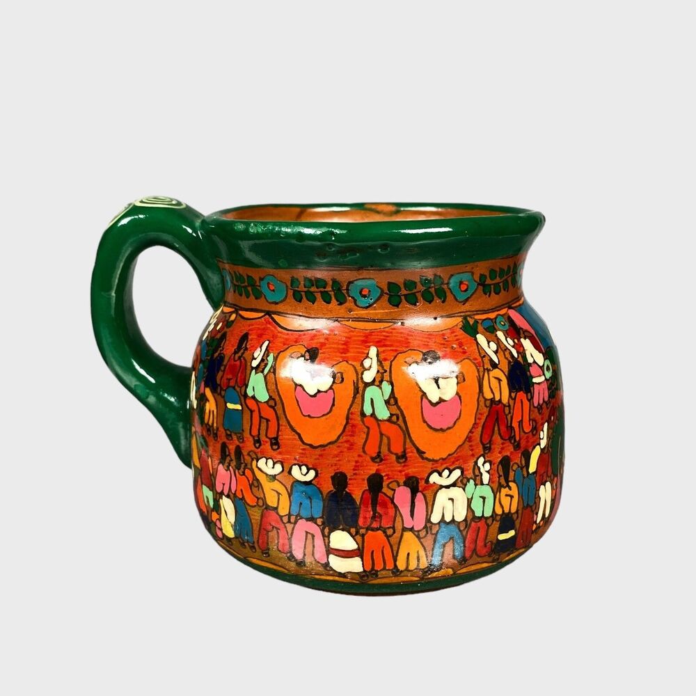Mexican Story Mug Hand Painted Pottery Folk Art Village Ceramic Redware Signed